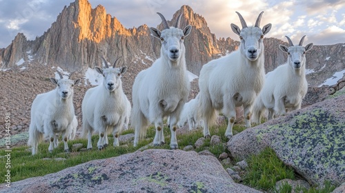 Mountain goats on rocky hillside at dawn, majestic peaks in background photo