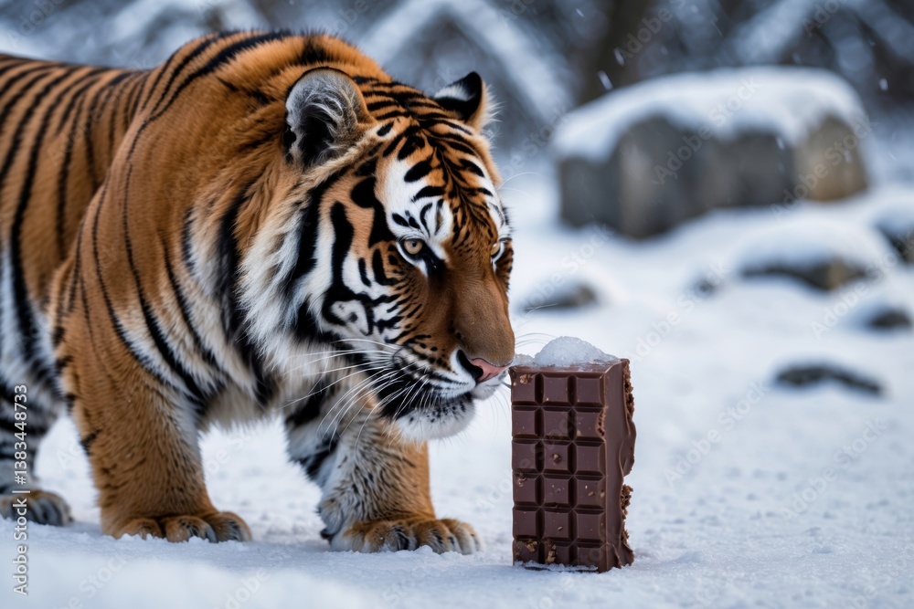 Obraz premium A majestic tiger curiously approaches a large chocolate treat placed on snow-covered ground, showcasing nature's contrasts amid a winter landscape