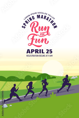 Spring summer marathon banner poster design. Running people on green landscape background. Vector illustration