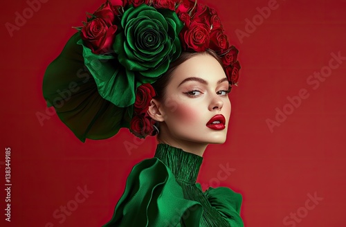 an elegant woman in a green outfit, with her hair styled into a high ponytail adorned by roses and a large headpiece, wearing bold makeup, posing against a plain background.