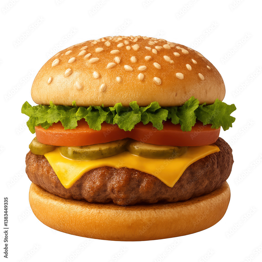 Freigestellter Cheeseburger mit Salat und Tomate – Realistische Studioaufnahme
Isolated Cheeseburger with Lettuce and Tomato – Realistic Studio Shot