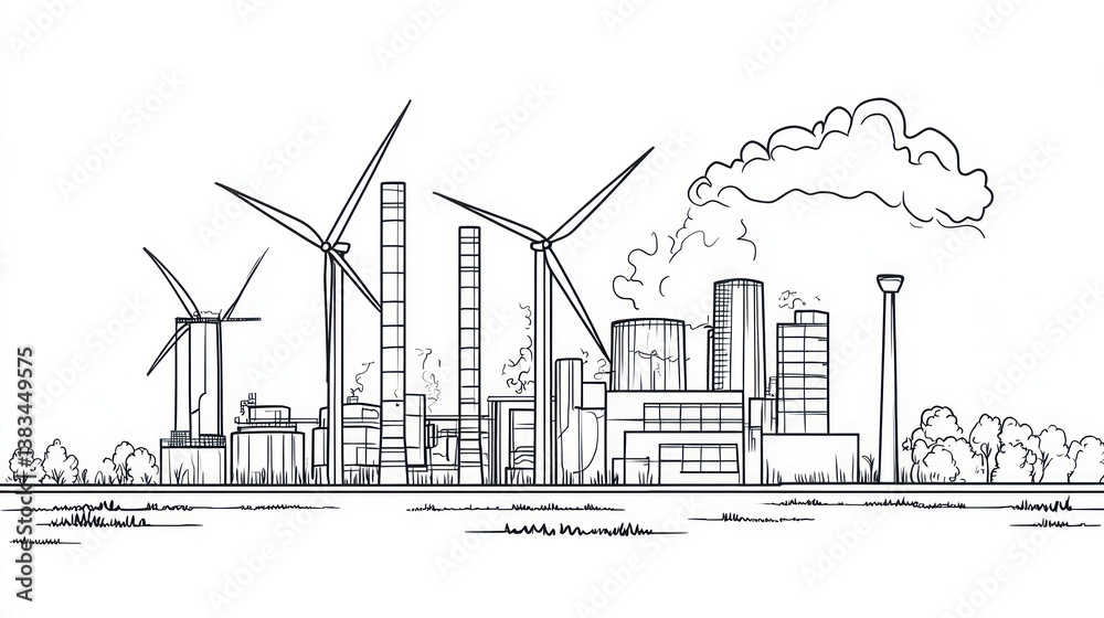 Obraz premium Industrial landscape with wind turbines and smoke stacks. Possible use illustration for educational material or environmental report