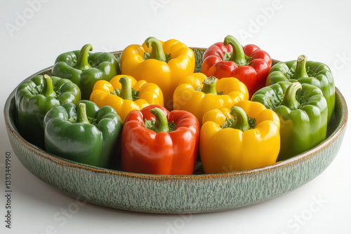 Bowl filled with red and green peppers of varying sizes and shapes set on a rustic wooden table in natural light.