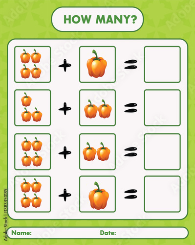 Bell pepper addition worksheet for kids, an engaging math activity that teaches counting and number recognition using fresh bell peppers, making early learning interactive, simple, and fun for childre photo