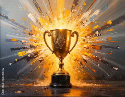 Golden trophy exploding with dynamic colors  