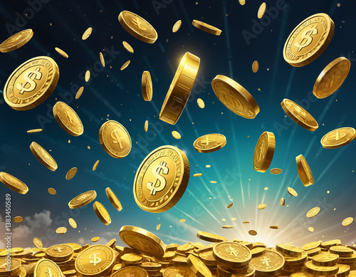 Golden coins cascading against a dramatic sky backdrop  