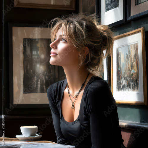natural light portraits showing a thoughtful young woman sitting by the window in a cozy café, expressing calm emotions
