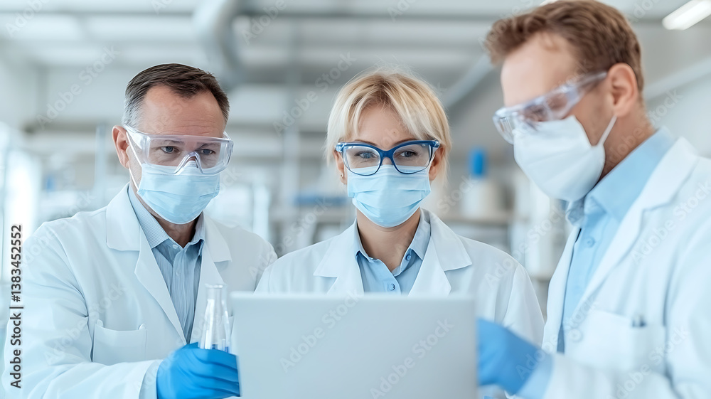 Group of researchers collaborating on a laptop within a modern laboratory, focused on analysis and development. Group of researchers collaborating on a laptop within a modern laboratory, focused on analysis and development.