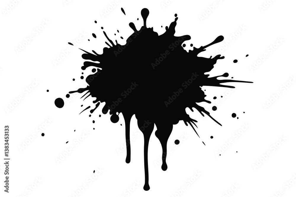 Black Ink Splatter on White Backdrop, Abstract Paint Drip Black Ink Splatter on White Backdrop, Abstract Paint Drip