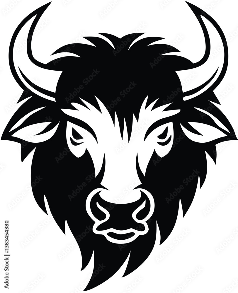 Fototapeta premium Buffalo Head Vector – Bold Black and White Bison Silhouette design Illustration for Logos, Mascots & Tattoos.