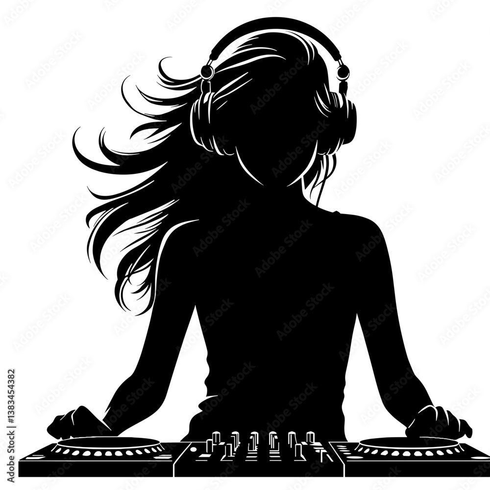 DJ girl mixing music, black silhouette, vector, transparent background 