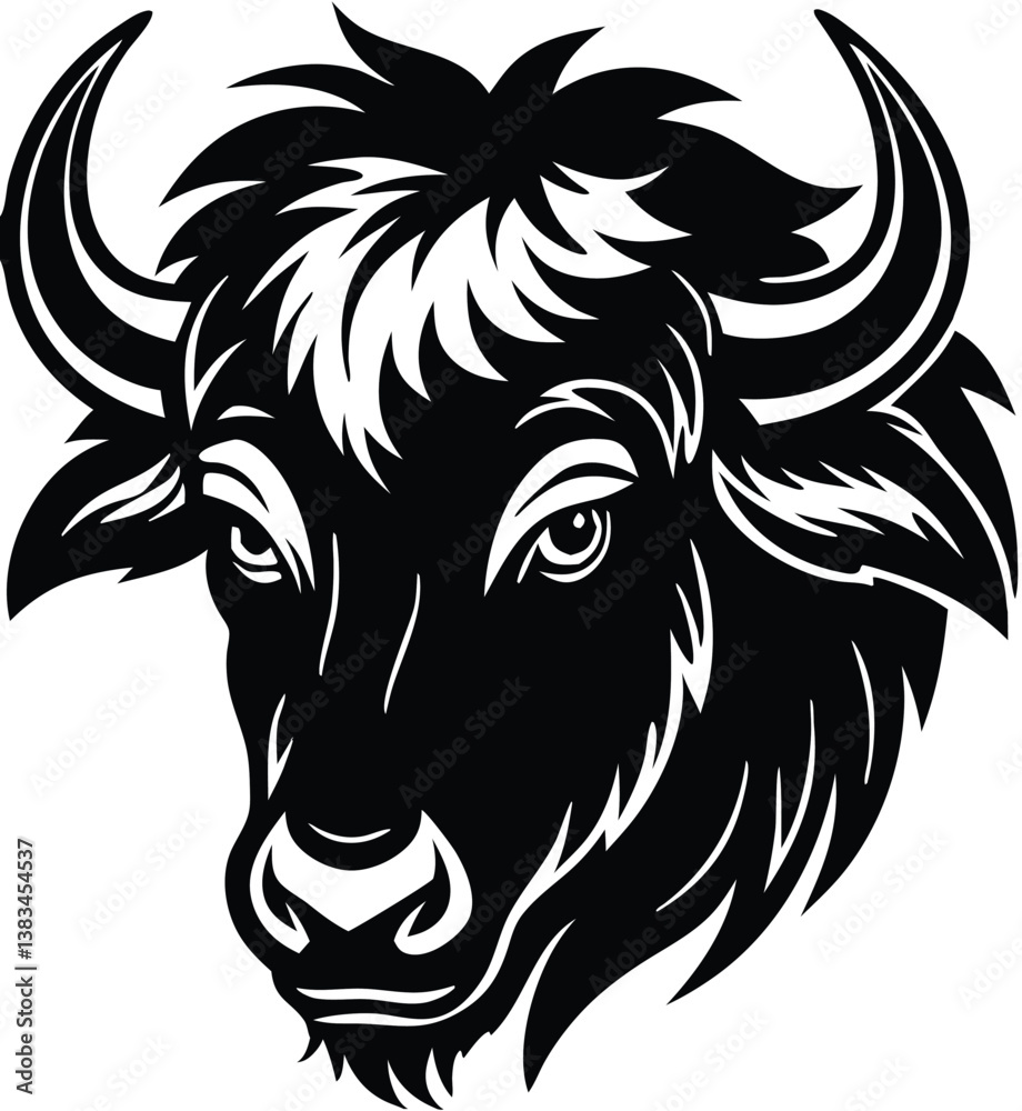 Fototapeta premium Buffalo Head Vector – Bold Black and White Bison Silhouette design Illustration for Logos, Mascots & Tattoos.