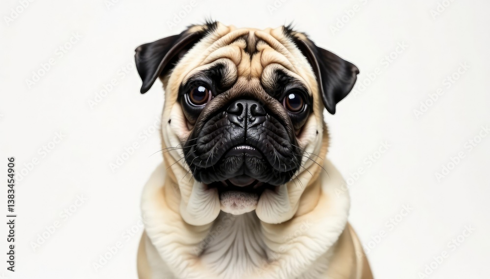 Fototapeta premium Solo pug, alert expression, pure white backdrop, looking, breed
