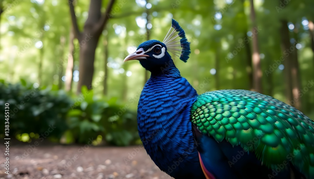 Obraz premium blue and green peacock standing in a forest
