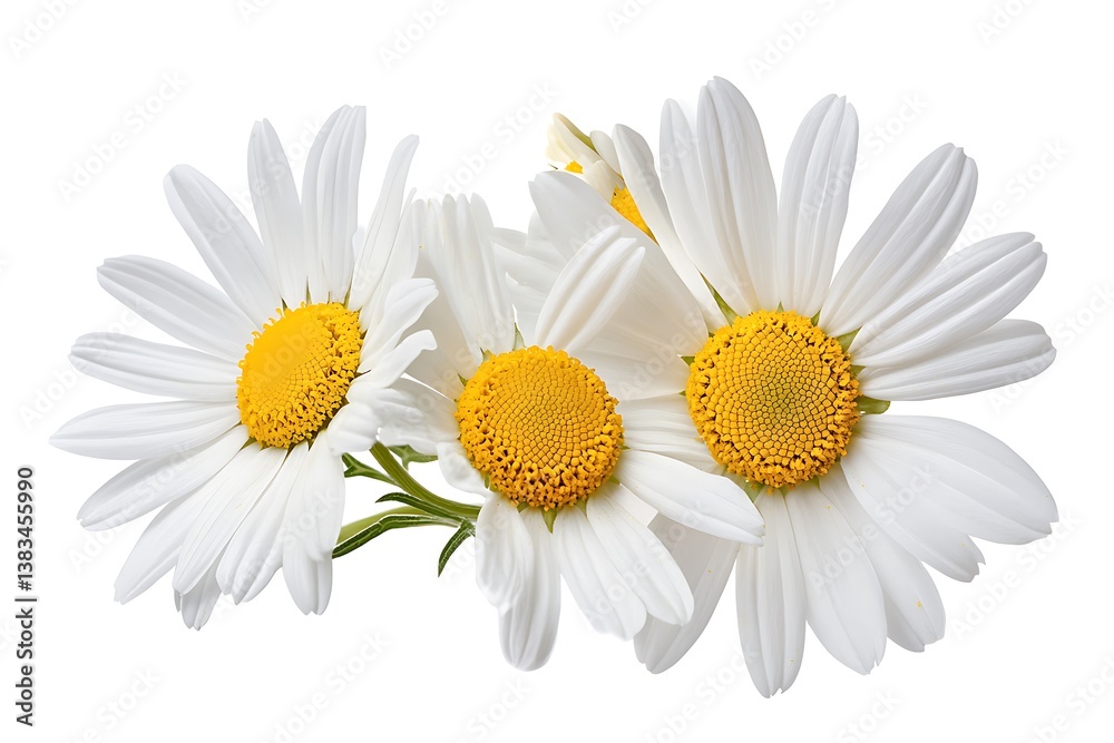 Fototapeta premium Three White Daisy Flowers with Yellow Centers on Transparent Background. Close Up
