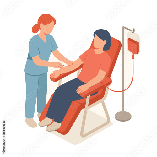 Nurse assisting patient during blood donation in medical setting  