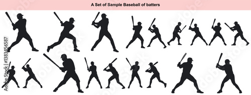 A collection of baseball batter silhouettes showcasing various hitting stances and actions. Perfect for sports themed designs, the figures are dynamically posed on white.