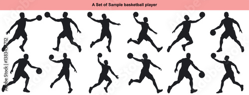 Various dynamic poses of basketball players in silhouette. Each figure shows action, such as jumping and dribbling, set against a transparent backdrop.