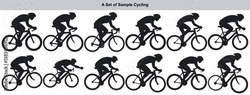 Seamless pattern shows multiple cyclists in silhouette riding their bikes. Features a white background and captures riders in action.