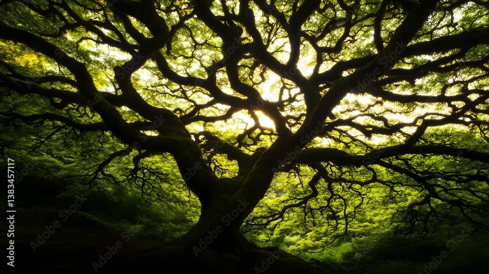 Fototapeta premium Gnarled Tree Branches Illuminated by Warm Sunlight in Mystical Forest Scene