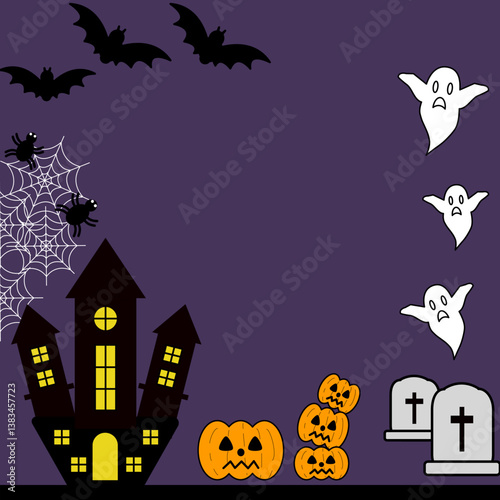 Happy Halloween seamless pattern for the card. Halloween theme with coffin, pumpkins, bats and cats. Black trees and castle background for wallpaper, stationary.