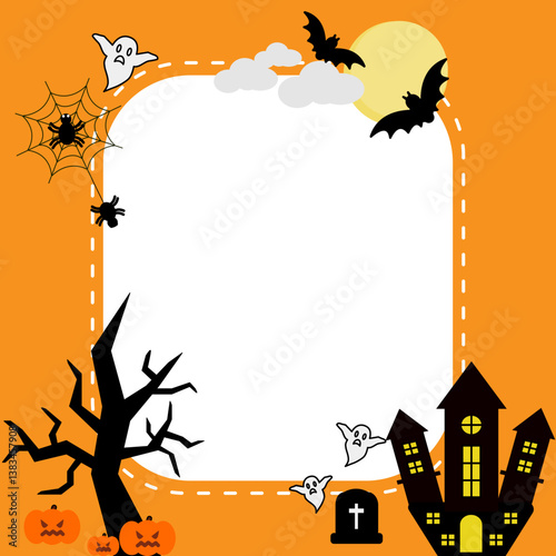 Happy Halloween seamless pattern for the card. Halloween theme with coffin, pumpkins, bats and cats. Black trees and castle background for wallpaper, stationary.