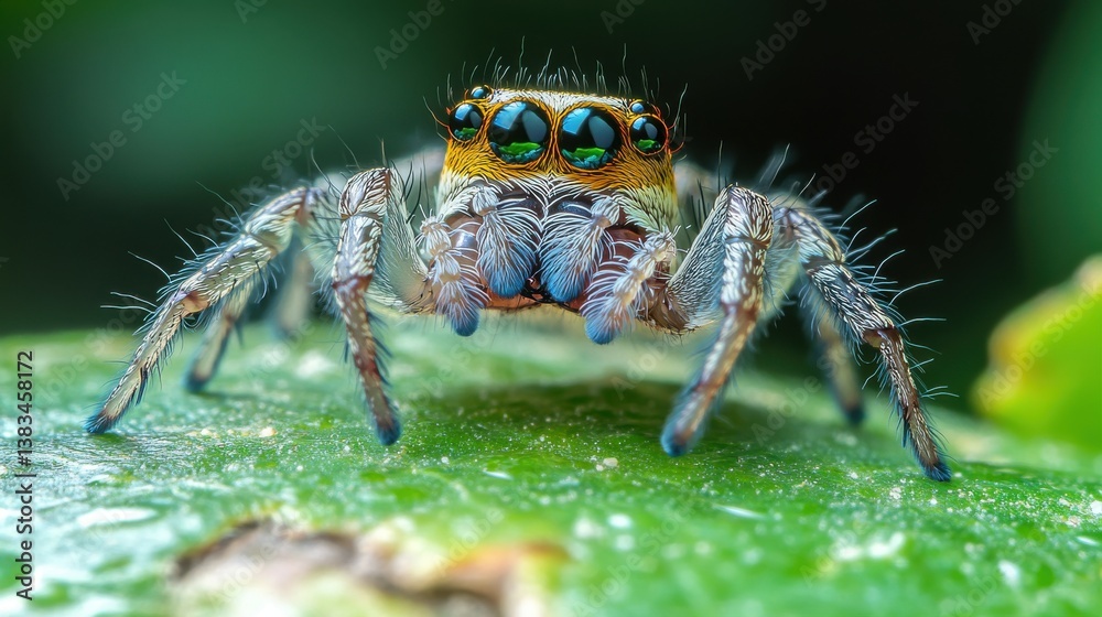 Jumping spider standing on a green leaf Jumping spider standing on a green leaf