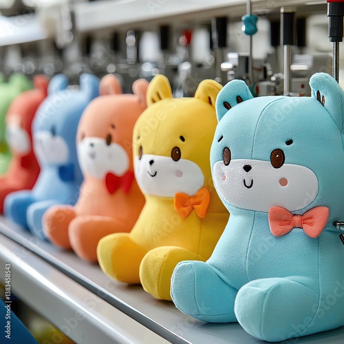 Modern plush toy production line inside a smart factory, modern plush toy production line with automated sewing and stuffing, modern plush toy production line featuring colorful soft toy manufacturing
