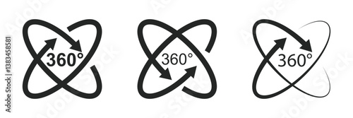 360 degree icon set. Symbol with arrow to indicate the rotation, virtual reality or panoramas to 360 degrees.