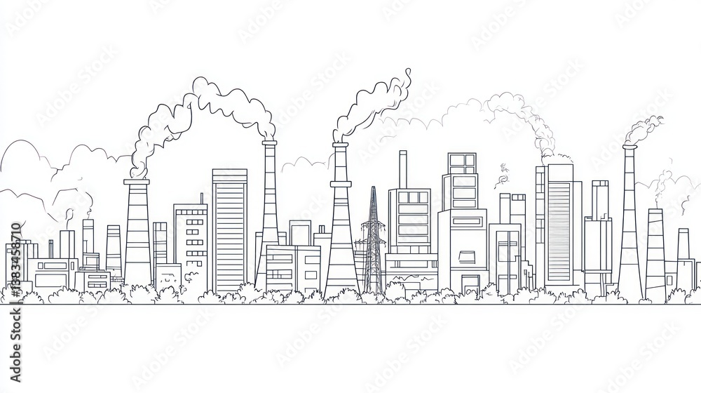 Obraz premium Industrial city sketch, factory smoke, urban landscape, line art, background