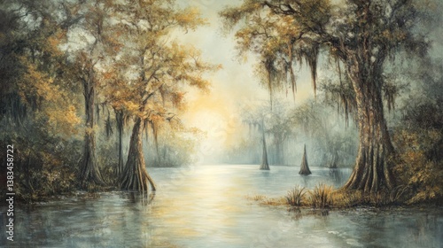 Serene swamp scene at sunrise, mist-shrouded cypress trees reflected in calm water