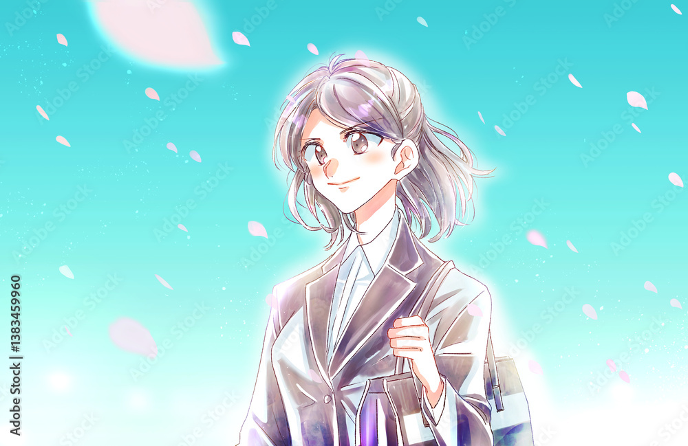 スーツを着た前向きな女性 桜吹雪 スーツを着た前向きな女性 桜吹雪
