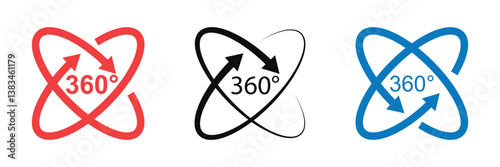 360 degrees arrow, rotate around set icon. Circle signs vertical, horizontal and diagonal view with arrows rotation to 360 degrees. Virtual reality. Rotate cycle, circular moving symbol. 