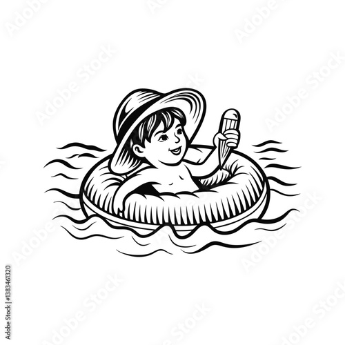 Boy wearing sunhat enjoying ice cream in swim ring silhouette isolated on white background