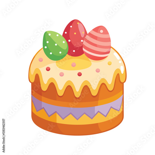 Bright Easter cake with frosted icing and candy eggs Vector illustration isolated on white background