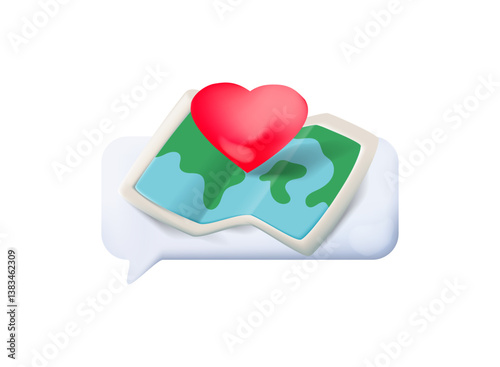 paper map with love honeymoon 3d modern vector icon for business, trip, vacation, traveling