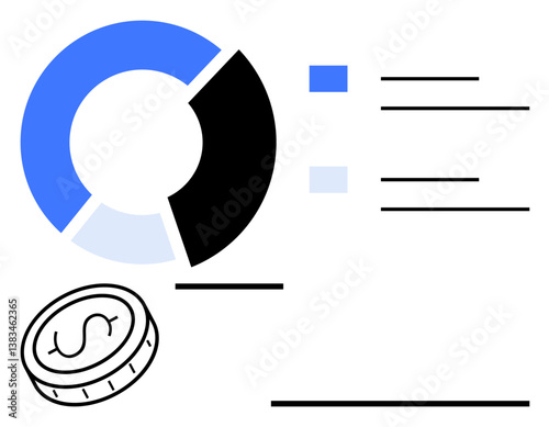 Pie chart divided into blue and black sections accompanied by a coin, suggesting economics, finance, budgeting, statistics, data analytics, business strategy, and wealth. Ideal for flat simple
