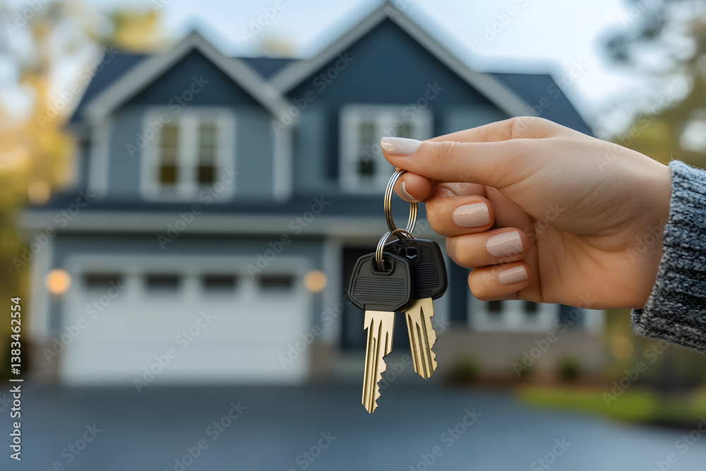 A person celebrates homeownership by holding keys outside a charming blue house during daytime A person celebrates homeownership by holding keys outside a charming blue house during daytime