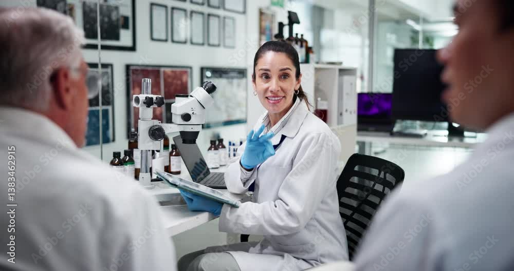 Feedback, science and tablet with people in laboratory together for collaboration or discussion. Healthcare, medical report and review with team at work on clinical trial for innovation or research