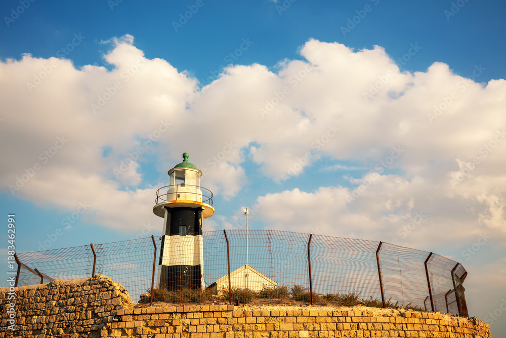 Lighthouse in the old city of Acre against cloudy sky. (Akko), Israel