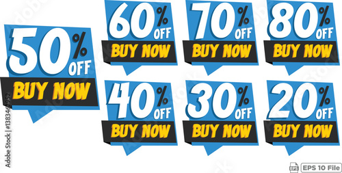 Dynamic Discount Labels Collection 20% to 80% Off - Colorful Marketing Graphics Featuring 'Buy Now' Call to Action for Retail and Promotions