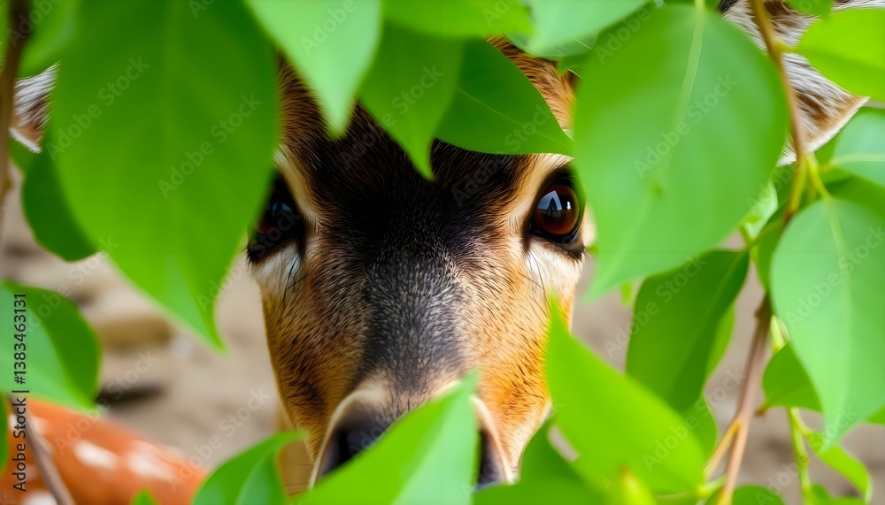 Fototapeta premium close up of a deer's face through the leaves of a tree