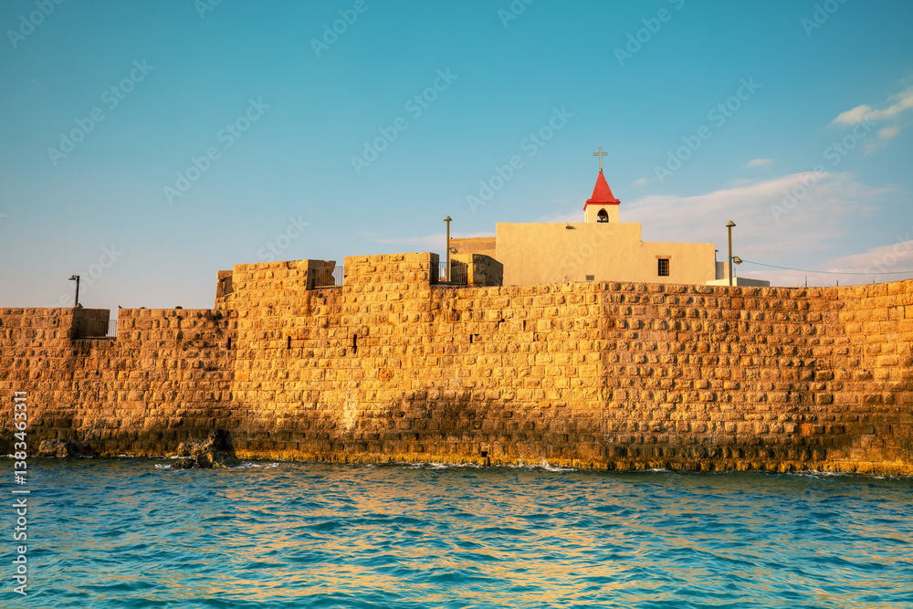 View of the southern sea wall of the Acre city, and the catholic Church of St. John (Saint John the Baptist Church), Acre, Israel