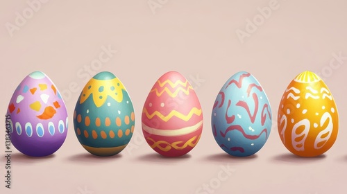 Colorful Patterned Easter Eggs on Soft Pink Background. Festive Decor Design photo
