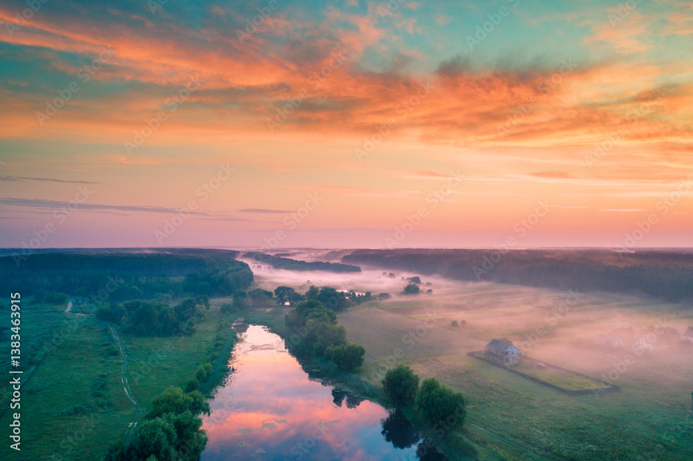 Magic sunrise over the lake. Misty early morning, rural landscape, wilderness, mystical feeling. Serenity lake in magical light