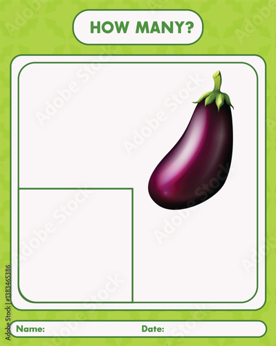 How many eggplant counting worksheet for kids learning math skills and vegetable recognition practice