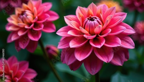 Intricate dahlia blooms, vibrant colors, lush petals , pink, art