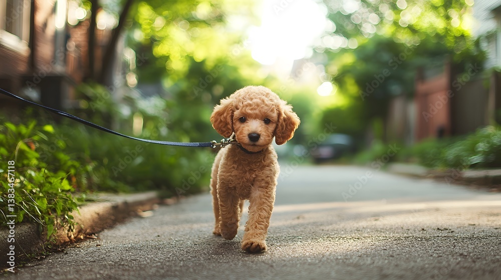 Adorable Poodle Puppy Walking on Leash in Peaceful Suburban Neighborhood with Lush Foliage and Sunshine Adorable Poodle Puppy Walking on Leash in Peaceful Suburban Neighborhood with Lush Foliage and Sunshine