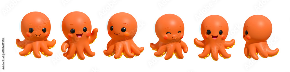 Adorable Orange Octopuses Displaying: A charming array of delightful orange octopuses, showcasing varied poses, from a friendly wave to a shy smile, emanating a playful, cheerful essence. Adorable Orange Octopuses Displaying: A charming array of delightful orange octopuses, showcasing varied poses, from a friendly wave to a shy smile, emanating a playful, cheerful essence.