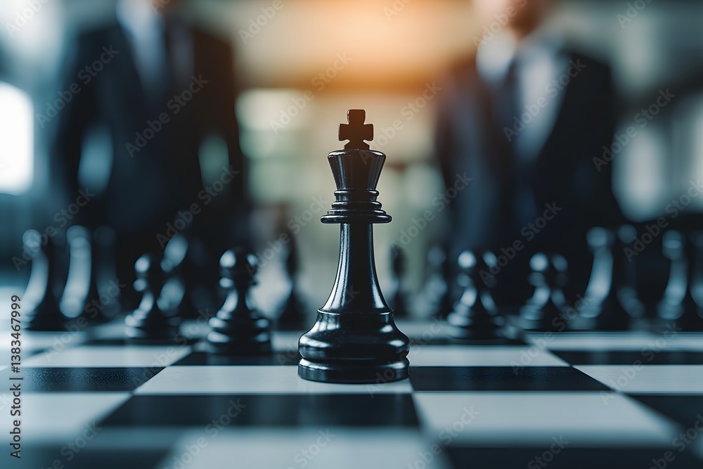 A chess king is in the center of a board with business figures A chess king is in the center of a board with business figures